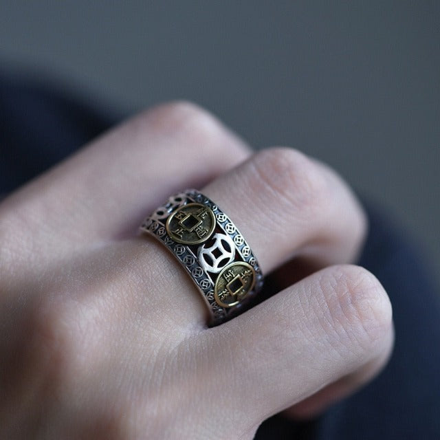 Anillo Budista Tibetano Hombre Mujer Sello Anillo Oro y plata