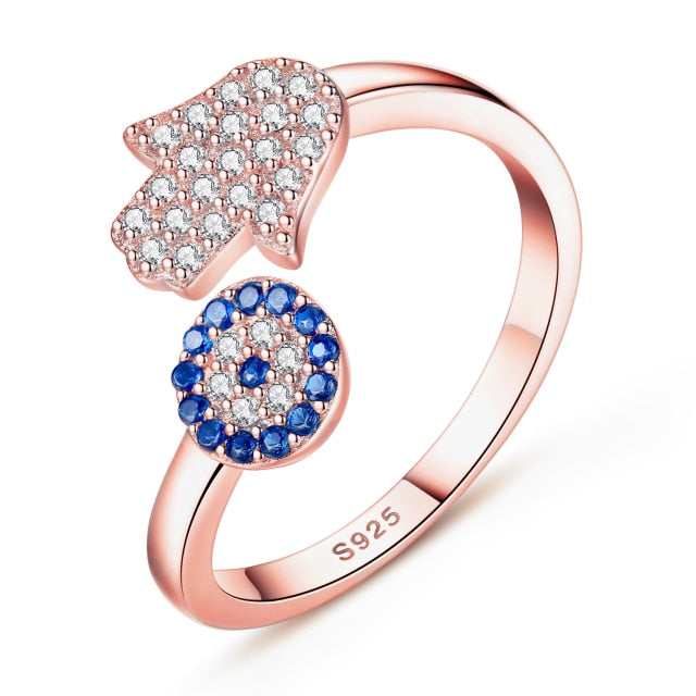Anillo Contra el Mal de Ojo Azul Griego Turco Matiasma Mataki en oro rosa