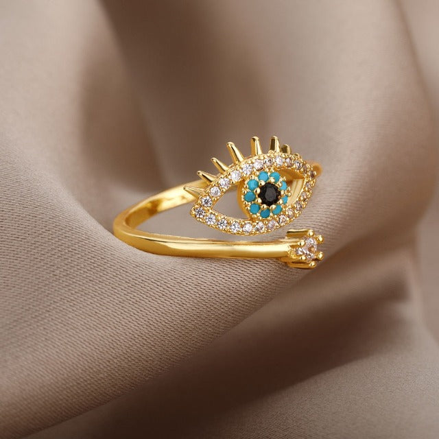Anillo de Diamante contra el Mal de Ojo Azul Griego Turco Matiasma Mataki oro