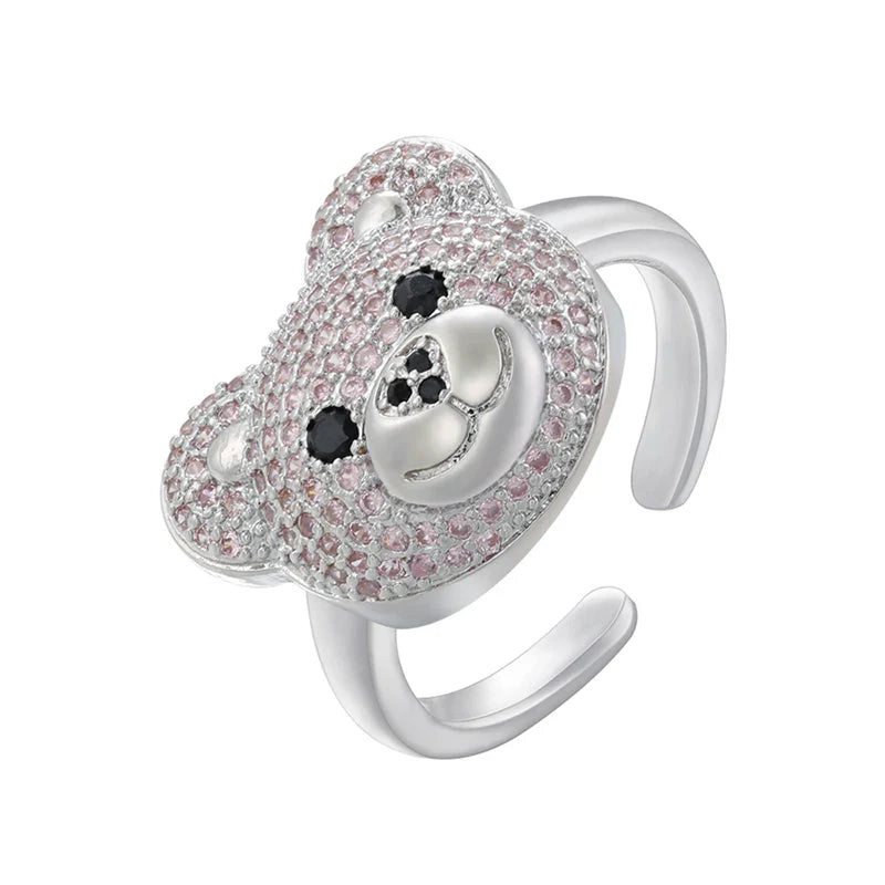 Anillo Oso Piedra Plata Y Rosa