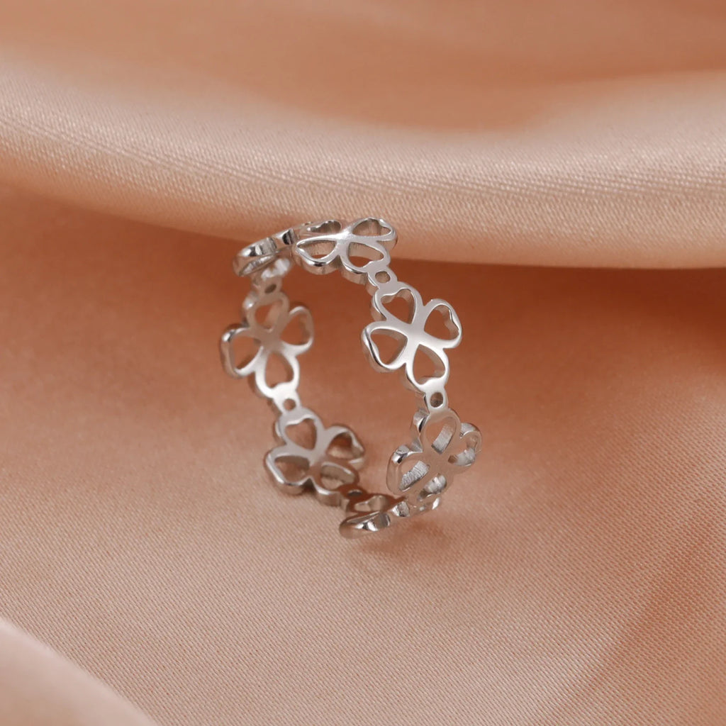 Anillo Retro con Tréboles de 4 Hojas para Mujer plata