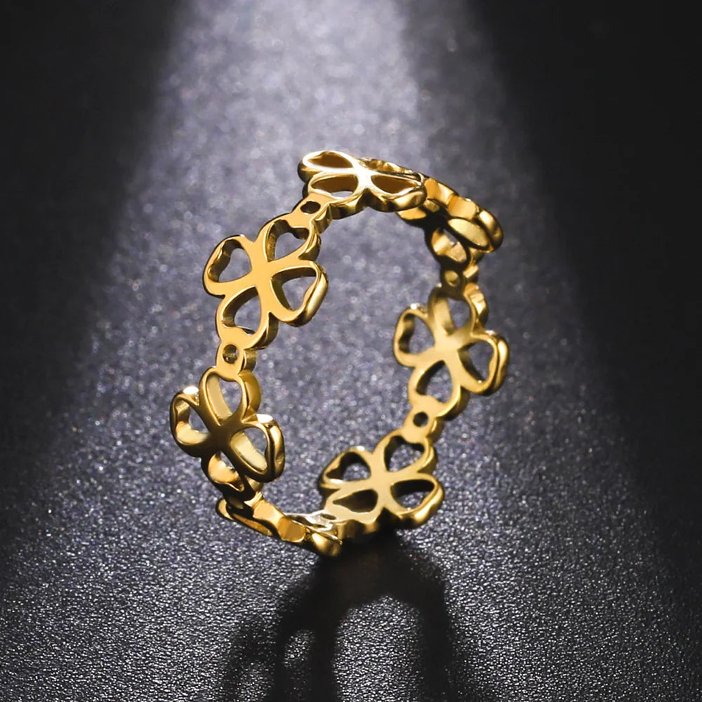 Anillo Retro con Tréboles de 4 Hojas para Mujer oro