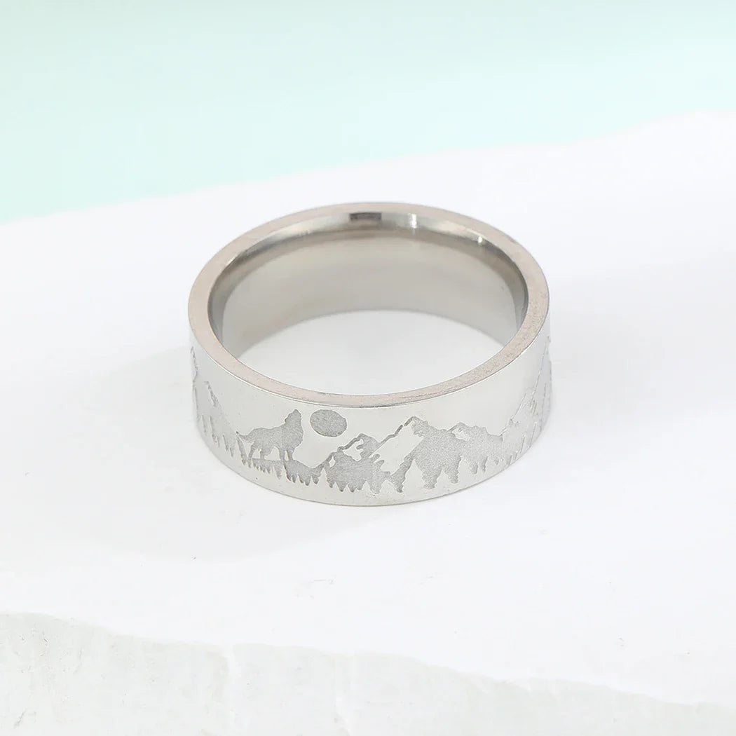 Anillo Retro Montañas León y Sol plata