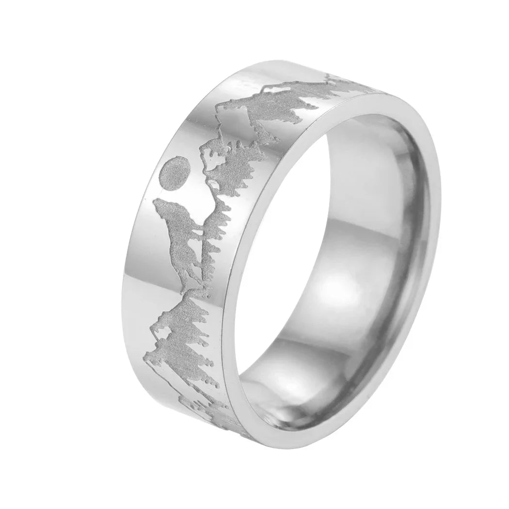 Anillo Retro Montañas León y Sol plata