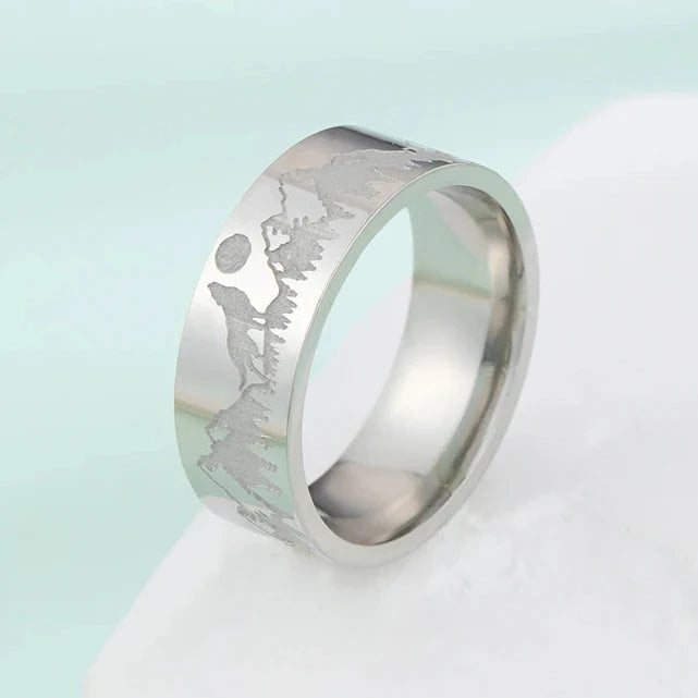 Anillo Retro Montañas León y Sol plata