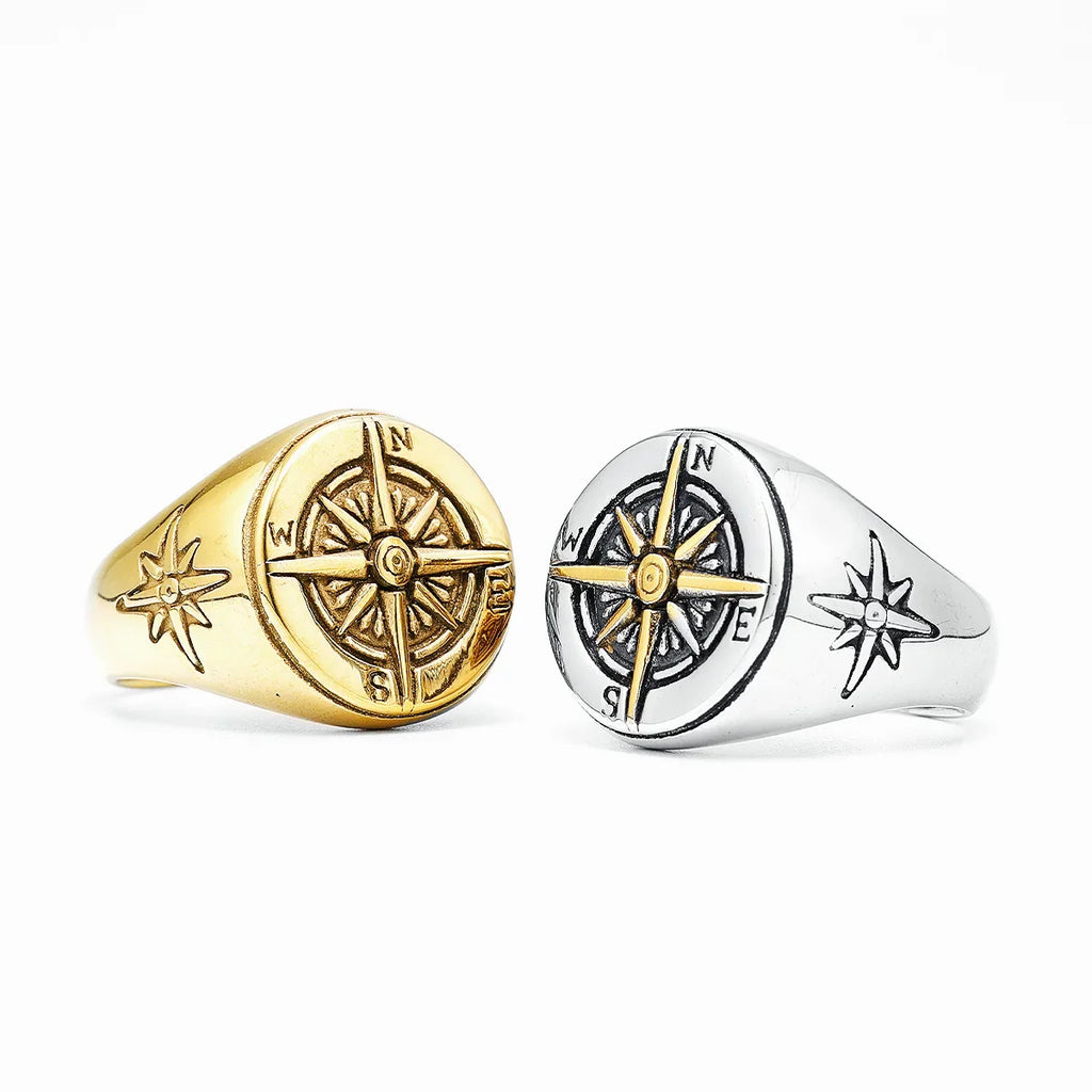 Anillo Vintage Brújula Rosa de los Vientos para Hombre plata y oro