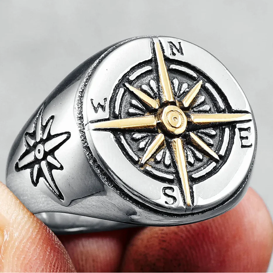 Anillo Vintage Brújula Rosa de los Vientos para Hombre plata y oro