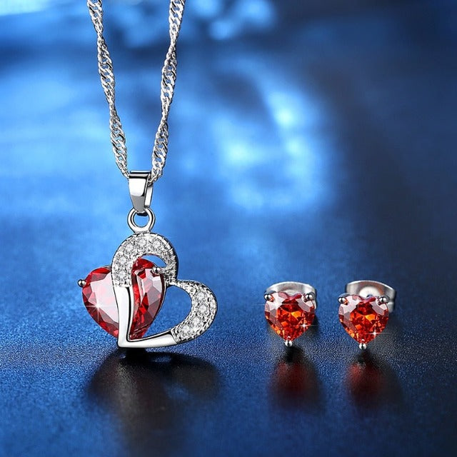 Joyería Corazón Collar y Pendientes rojos
