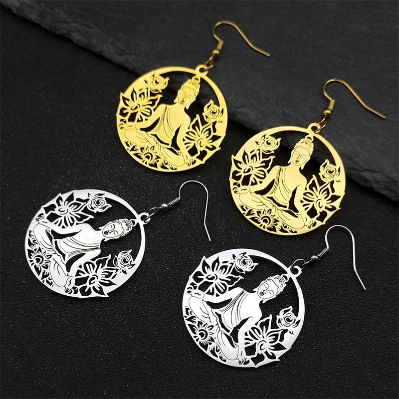 Pendientes Colgantes Buda y Flor de Loto oro