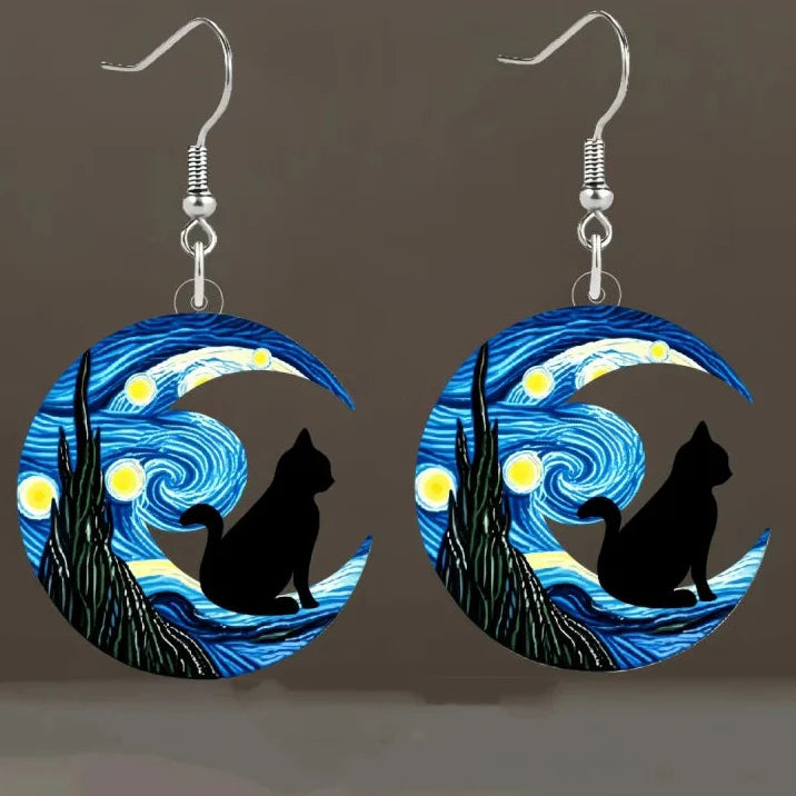 Pendientes Colgantes Media Luna azul y gato negro