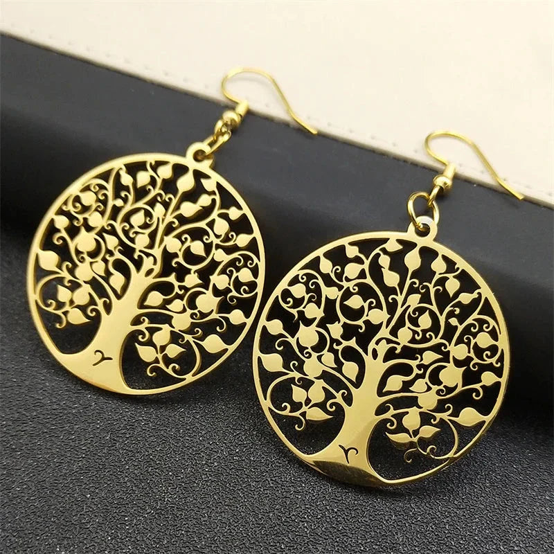 Pendientes Colgantes Redondos Árbol de la vida oro