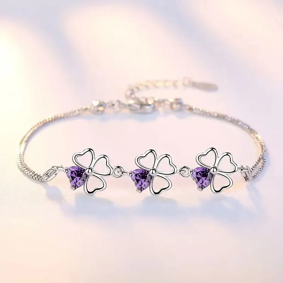 Pulsera con Tréboles de 4 Hojas con Circonio Violeta