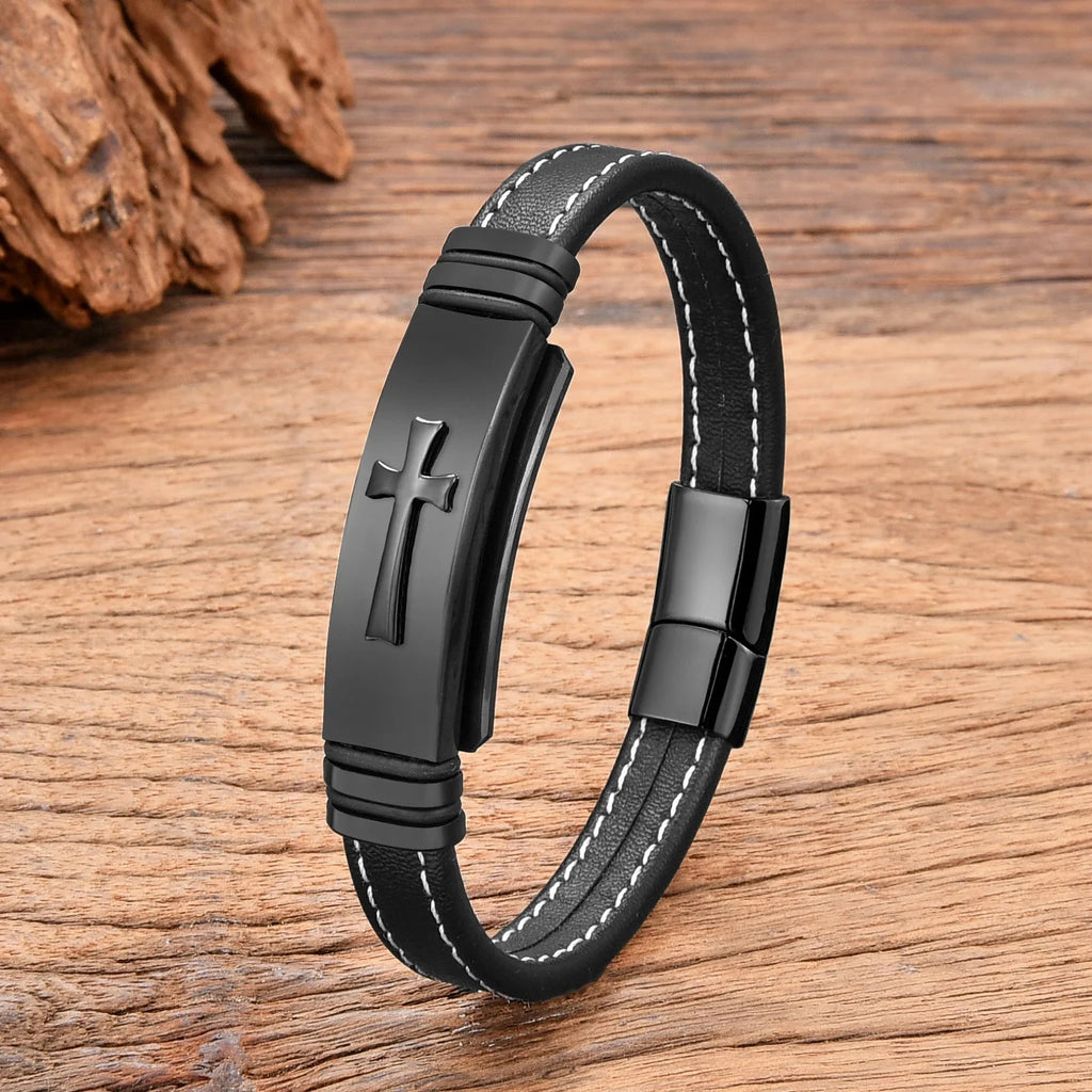 Pulsera Cruz De Cuero Negro estilo a negro