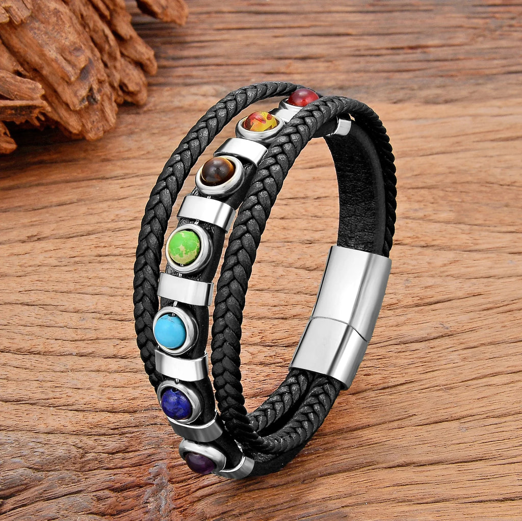 Pulsera de Cuero 7 Chakras Hombre plata