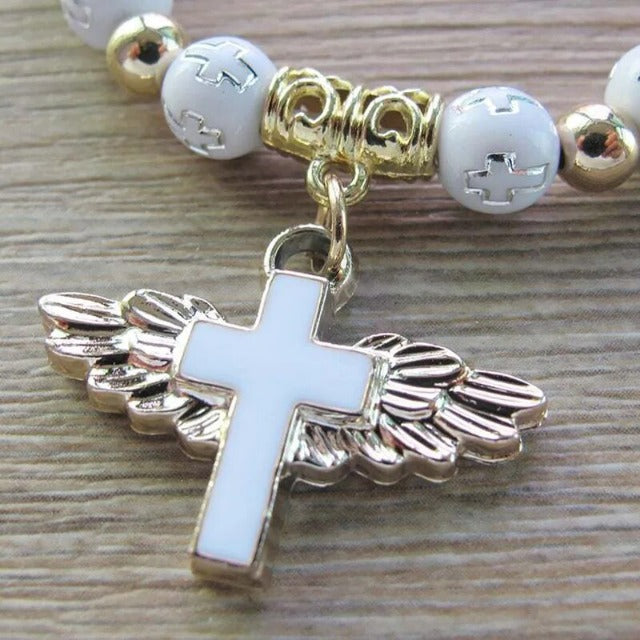 Pulsera de Perlas con Cruz blanca