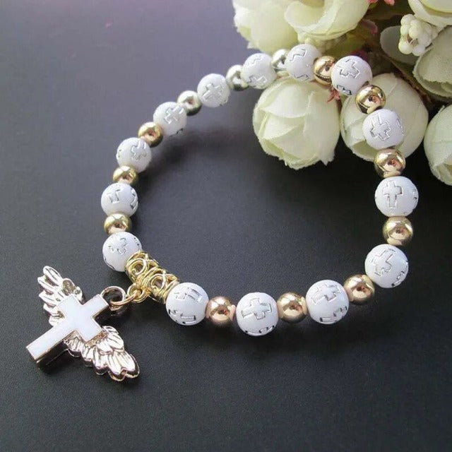Pulsera de Perlas con Cruz blanca