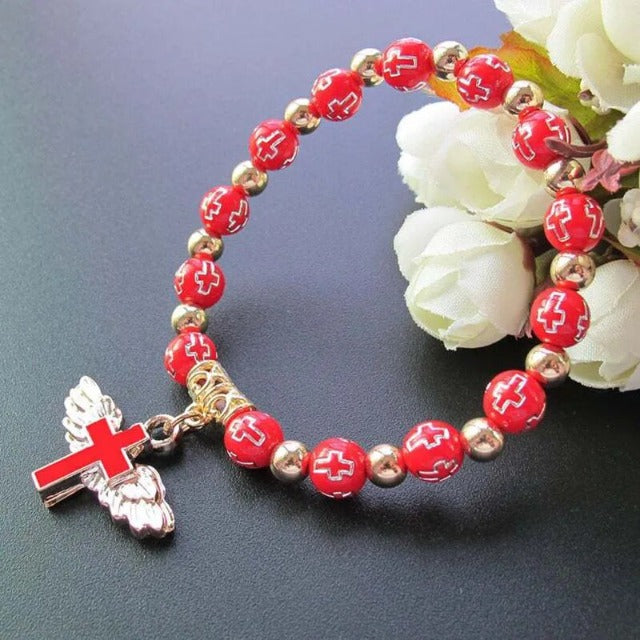 Pulsera de Perlas con Cruz roja