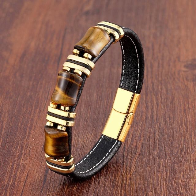 Pulsera Piedra Ojo de Tigre Cuero Esclava dorada