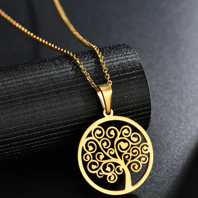 Collar con Colgante Redondo Árbol de la Vida para Mujer oro