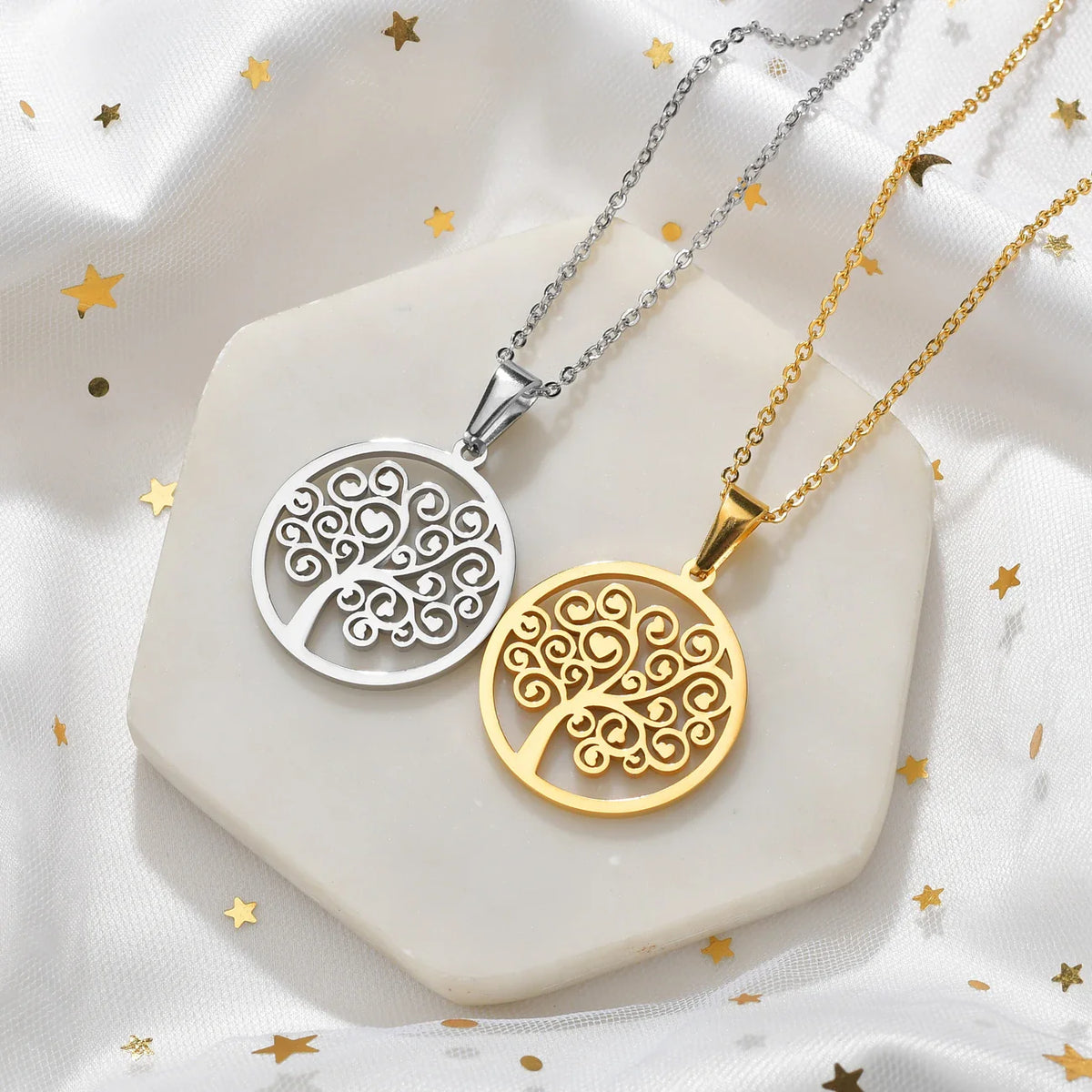 Collar con Colgante Redondo Árbol de la Vida para Mujer oro