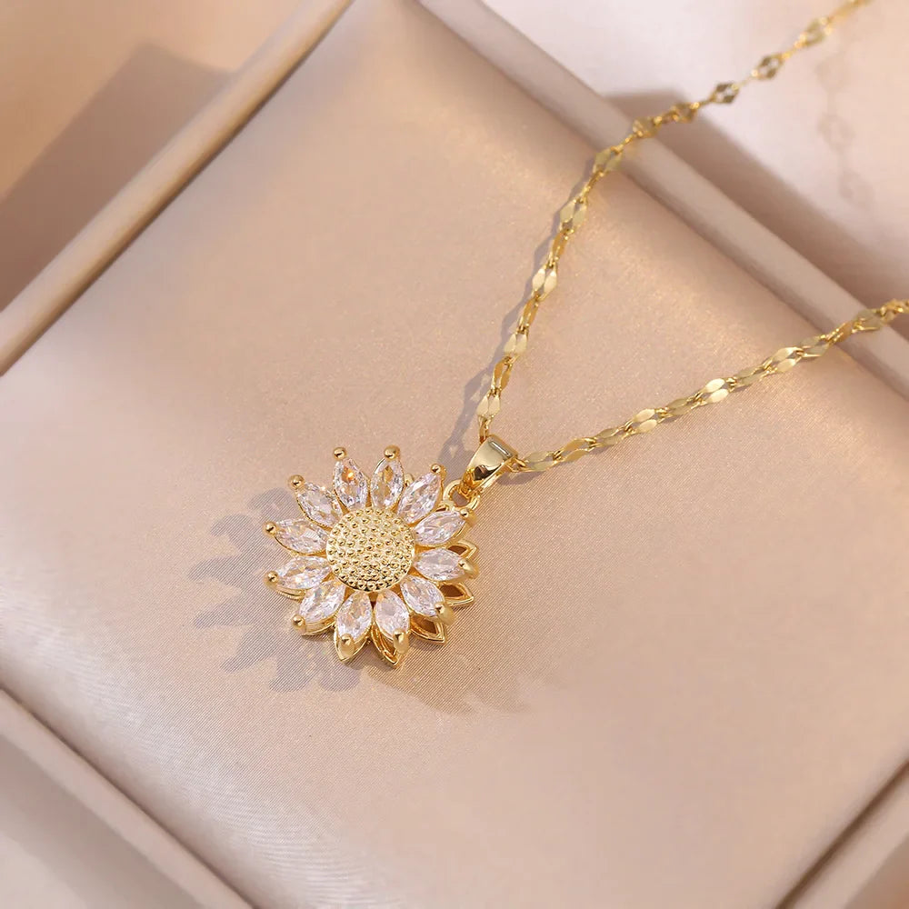 Collar con Colgante Giratorio Flor de Circonita contra la Ansiedad oro