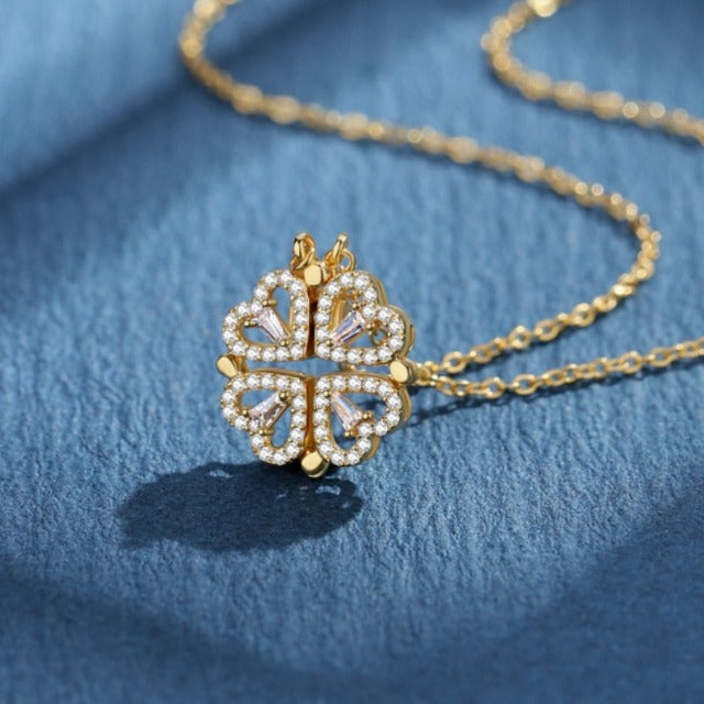 Collar Corazón Trébol de 4 Hojas Colgante Amuleto de la Suerte en Oro