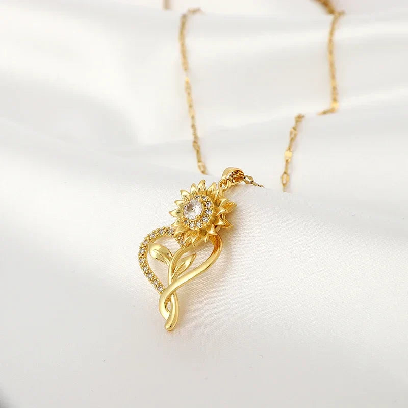 Collar con Colgante de Corazón y Flor de Girasol Giratoria Antiestrés