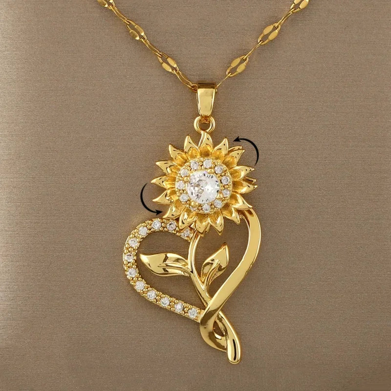Collar con Colgante de Corazón y Flor de Girasol Giratoria Antiestrés