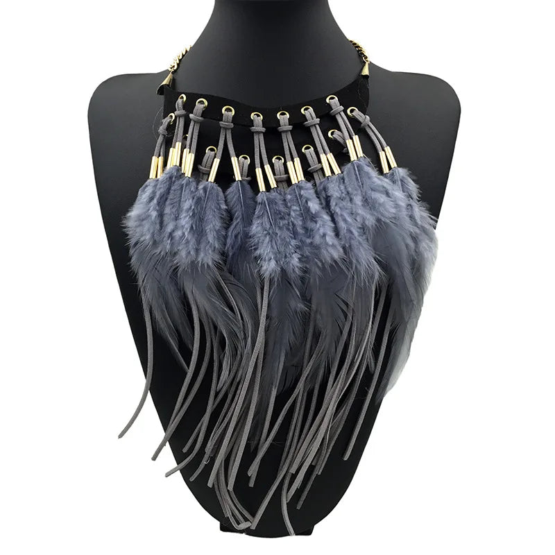 Collar Colgante Gargantilla Étnica Pluma gris