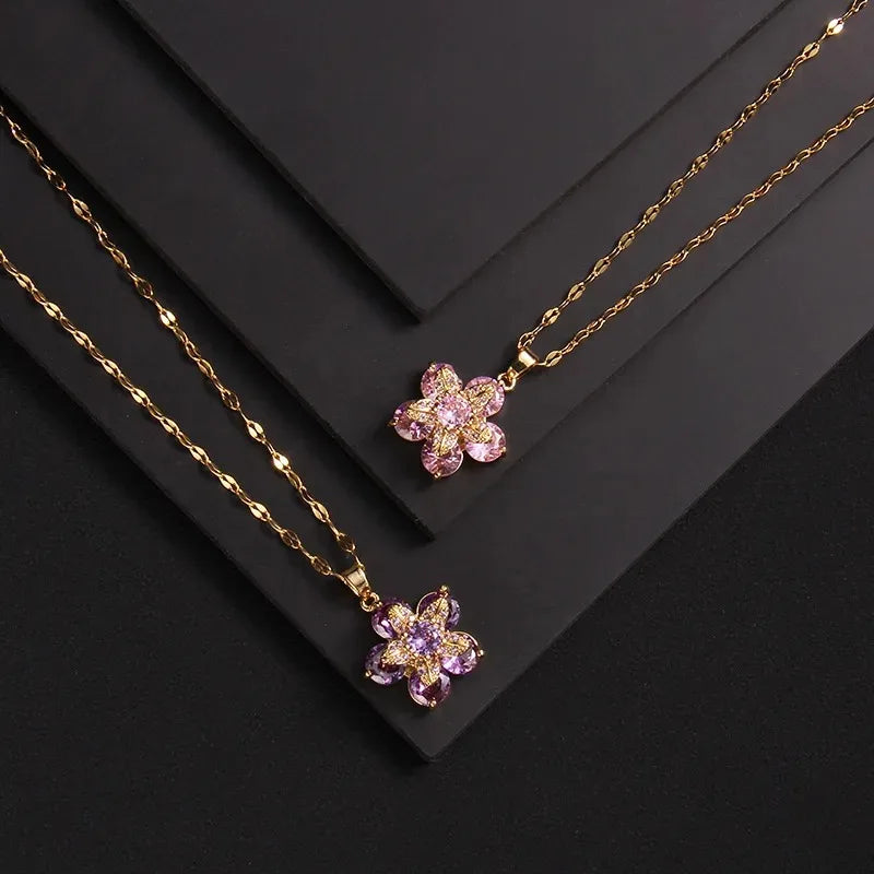 Collar Colgante Flor de Zirconia rosa