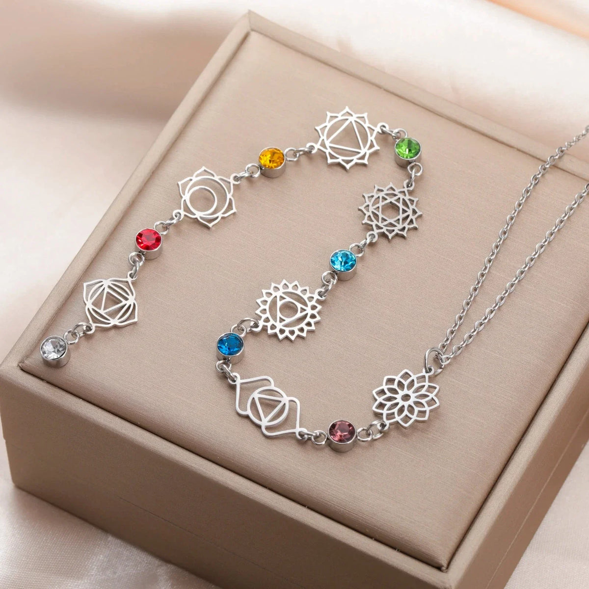 Collar Gargantilla con Colgante de Piedras de Circón 7 Chakras plata