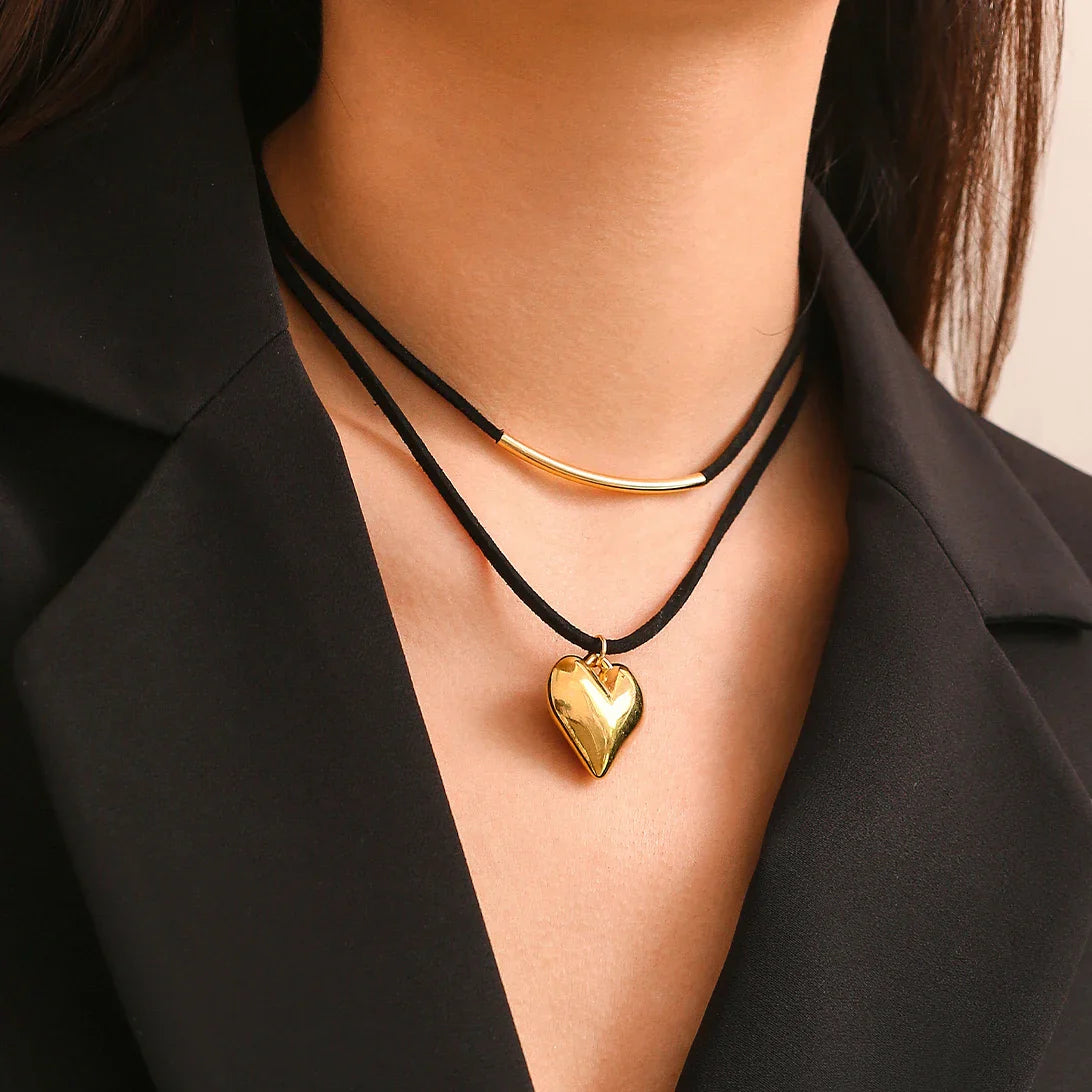Doble Collar Colgante Corazón oro